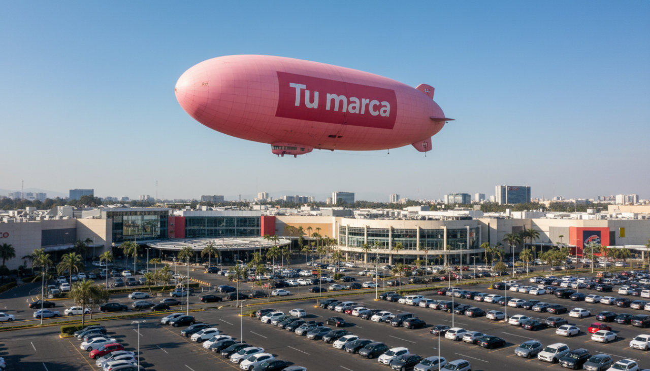 Dise&ntilde;o de Zepellin gigante publicitario sobre centro comercial