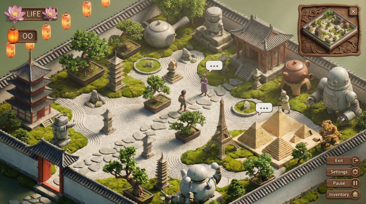 Dise&ntilde;o de juegos, mundo abierto, bonito jard&iacute;n zen