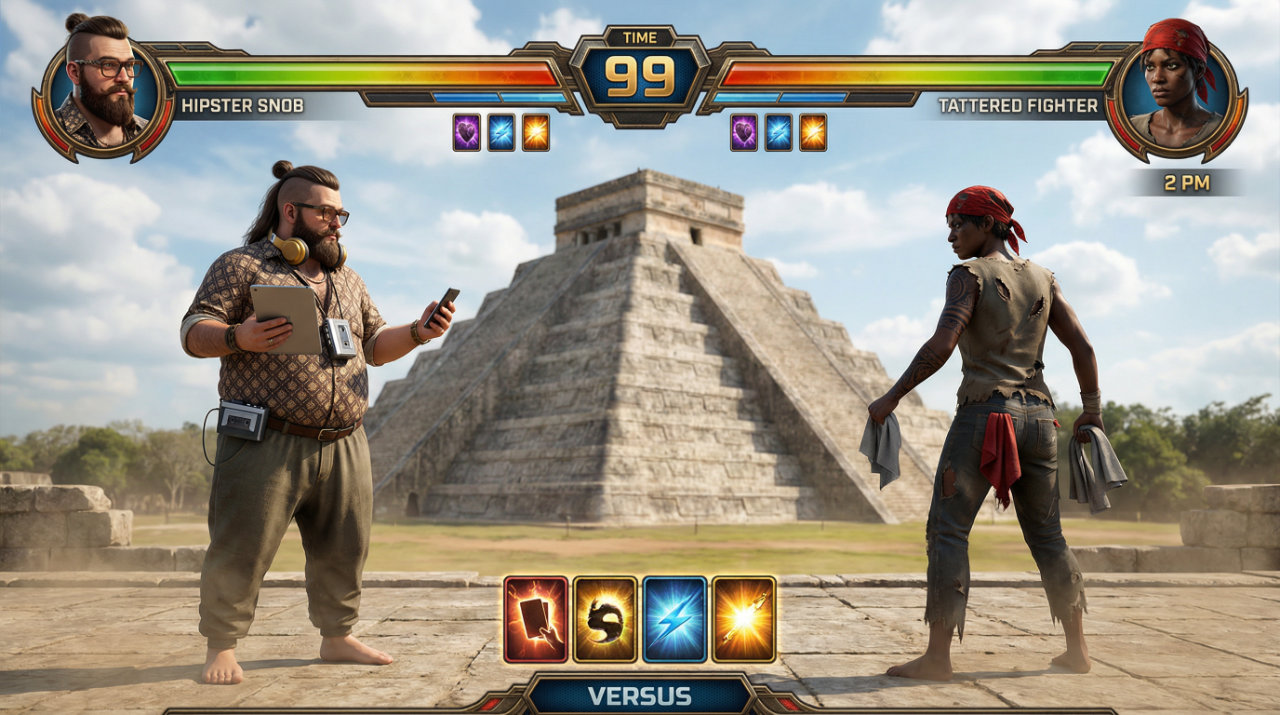 Dise&ntilde;o de juegos, juego de peleas mexicano, hipster vs franelero